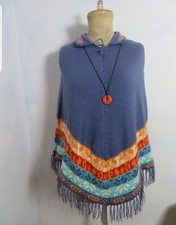 Handstrick 100% Alpaka Poncho Peru Strickjacke Umhang Blau Lama Sterne Tiere NEW