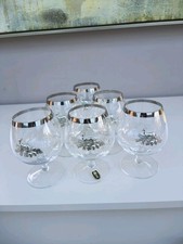 Cognac Schnaps Kristall Gläser Jagdmotiv mit Hirsch & Eicheln Silberrand X6 Czech