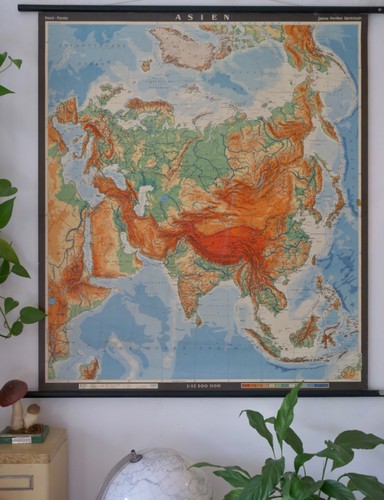 Vintage schulwandkarte asien - vintage, |