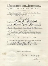 29167 - Verleihungsurkunde zum Verdienstorden im Range eines Großoffiziers.