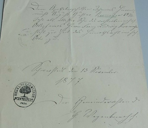 Heimatschein schwerstedt 1877 - heimatschein,