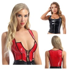Damen Wetlook Lackleder Crop Tank Top Kurze Oberteile Bauchfrei Bustier Clubwear