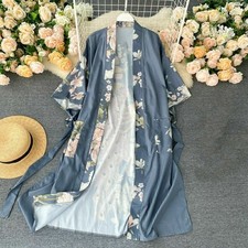 Damen Japanische Kimono Mantel Blumenmuster Yukata Oberbekleidung Lang Top Seide