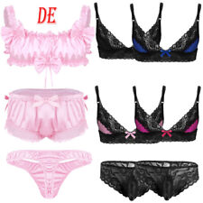 DEHerren Satin Dessous Set Sissy Unterwäsche Set Rüschen Crop Top String Höschen