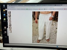 Herren Freizeit Sport Urlaubs Sommer Hose weiß Crinklestoff Fliegerseide L-XL