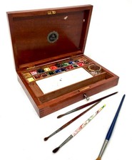 Antike Künstlerkiste aus Holz Mahagoni von Reeves & Sons mit Blockfarben & Palette
