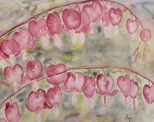 TRÄNENDES HERZ original Aquarell Zeichnung mit Rahmen Marienherz Blumen Dicentra