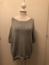 Pullover Größe XL Blau Seide Rücken Strick Perlblau Glänzend Glitzer Kurzarm W1