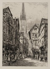 M. LALANNE (1827-1886), Straßenszene in Rouen,  1884, Rad. Realismus Stadtbilder