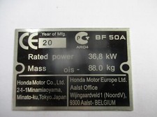 Typenschild Honda 36,8kw 50 PS  ID-plate Schild BF50A Aussenbordmotor Boot s86