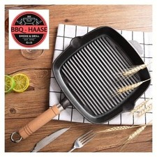 Neu Grillpfanne aus massivem Gusseisen 22 cm  Pfanne Grill BBQ Haase Holzgriff
