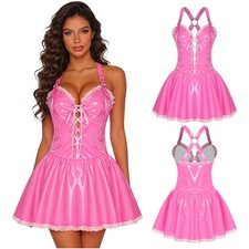 Damen Wetlook PU Leder Spitzen