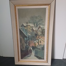 älteres Ölgemälde auf Leinwand inkl. Rahmen, Dorfstrasse im Winter, Signiert