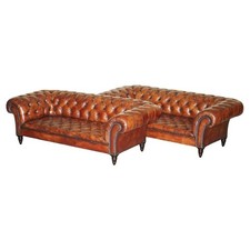 PAAR GEORGE SMITH FRÜHE VIKTORIANISCHE BRAUNE LEDER CHESTERFIELD GETUFTETE SOFAS