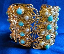 WICHTIGES ARMBAND BRACELET SIGNIERT SCHIAPARELLI TÜRKIS UND PERLEN