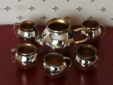Altes Lauscha Glas / Silber Tee Service Kanne + 5 Tassen Puppenhaus MINIATUR