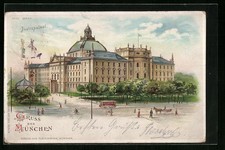 Lithographie München, Justizpalast mit Strassenbahn 