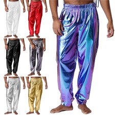 DE Herren Metallic Hose Lang Jogginghose Sporthose Hip Hop Disco Hippie Kostüm