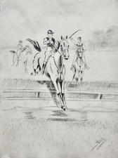 Reiter setzt über ein Hindernis, Springreiten, Zeichnung signiert "Seitz" 20. Jh