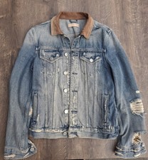 All Saints, Jeansjacke Iren, S, Indigo Blau, Lederkragen, Distressed, Deadstock