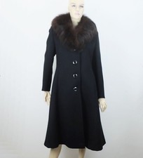 70er jahre MANTEL kärner-modell schwarzer wollstoff großer brauner pelzkragen 38