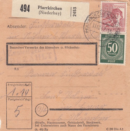 Paketkarte 1947 pfarrkirchen - 1947:,