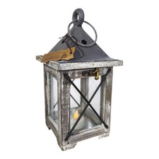 Laterne aus Holz, Metall und Glas 24cm grau antik mit Sprossen Holzlaterne