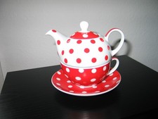 G. WURM KG ° Tea for One° Tee/Kaffeekanne +Teller+Tasse Punkte / Dots ROT WEISS