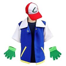 Herren Ash Ketchum Cosplay Kostüm Karneval Kurzarm Jacke Handschuhe Mütze Set