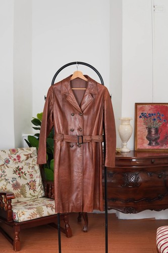 Vintage leder trenchcoat braun - vintage,