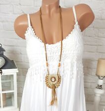 XXL LANGE HIPPIE HALSKETTE TASCHE FEDERN PERLEN KETTE FESTIVAL IBIZA Beige Braun