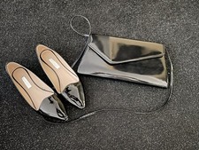 Schwarze Lack Ballerina Mit Passende Clutch Abendhandtasche Neu 