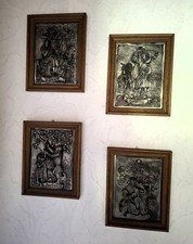 4 Zinn Relief Bilder im Holzrahmen  Frühling Sommer Herbst Winter