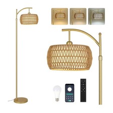 Rayofly Gold Stehlampe Wohnzimmer, Dimmbare Rattan Stehlampe mit Fernbedienung,