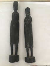2 ALTE AFRIKANISCHE FIGUREN SCHWARZ EBENHOLZ 34,5 UND 37,5 CM GESCHNITZT