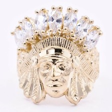 Männer Native American Indian Head Ganz Weiß CZ Solid 10K Gelbgold ALLE GRÖSSEN