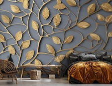 Fototapete Blätter Gold Schwarz Grau Natur VLIES TAPETE XXL + KLEISTER 413