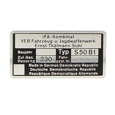 Typenschild Simson S50 B1