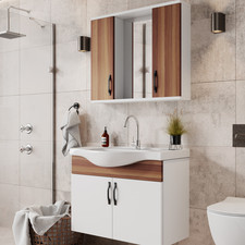 Badmöbel Set Weiß | Waschbecken | Badschrank Regal Spiegelschrank Gäste-Bad Holz