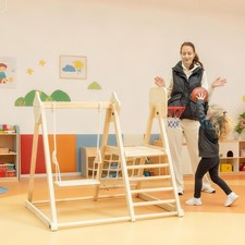 AIYAPLAY 5-in-1 Klettergerüst Montessori Indoor Holz mit Rutsche Schaukel Natur