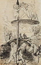 Kinder, Ritter und Zwerge vor einer Burg, Feder Romantik Unbekannt (19.Jhd)