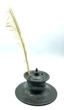 Antik Barock Tintenfass Zinn 4 Federn Ø 15,5 cm Dachbodenfund museal Dekorativ