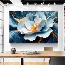 Leinwand Bild XXL Blumen Blau Gold Abstrakt Wanddeko Wandbilder Wohnzimmer 204