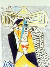 PICASSO Granolithografie - Tete de femme au chapeau - Blattgoldrahmen + PP