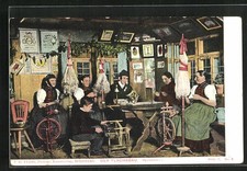 Der Flachsbau, Frauen am Spinnrad in der Spinnstube, Ansichtskarte 1907 