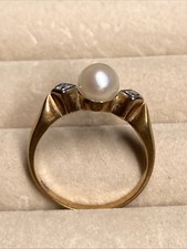 Ring Damenring Gelbgold 585 mit Perle und 2 Brillanten Ø 53 Vintage