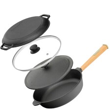 Ø24-28cm (tief) Gusseisenpfanne Gußeisenpfanne mit Holzgriff Pfanne