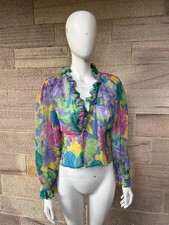 1980s Dior 2 Silk Floral Frilled Blouse & Shoulder Pads Heart Buttons UK10 40”