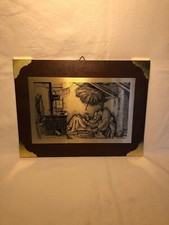 Wandbild Carl Spitzweg Der arme Poet Mahagoni Messing Wandbild Vintage 29x22cm