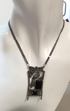 925 Silber Kette Collier im Stil des Art Deco Onyx Markasit Pfau 43 cm lang